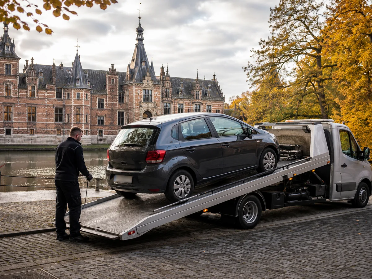 Auto wordt in Turnhout op een oprijwagen geladen voor gratis ophaling, met het kasteel aan het water op de achtergrond